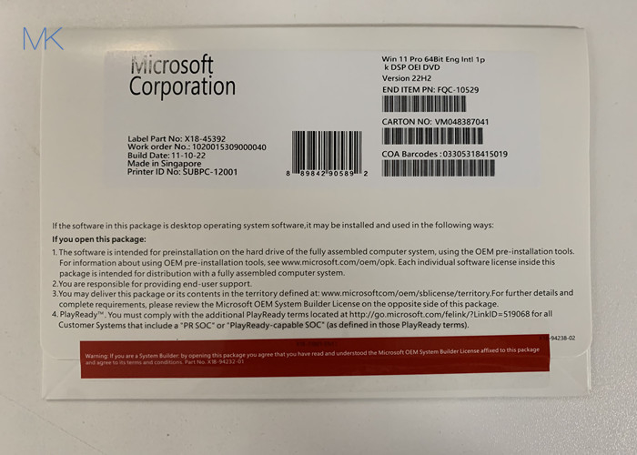 Оws de Wind del constructor de sistema del OEM de Microsoft 11 ingleses 64-bit profesionales 22H2 del DVD del OEM OEI
